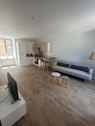 un salon avec un canapé et une télévision dans l'établissement Appartement neuf plein centre, à Langres