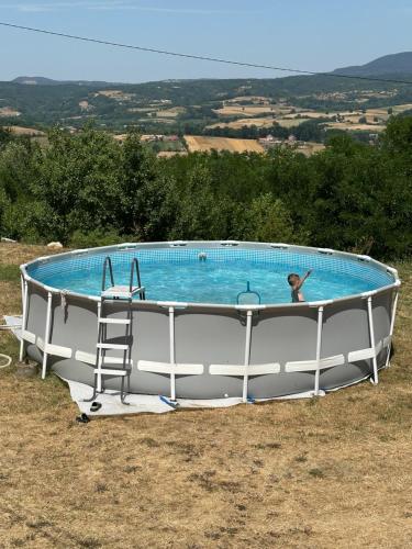 a woman is in a pool in a field at Imanje Kovačević in Gornji Milanovac