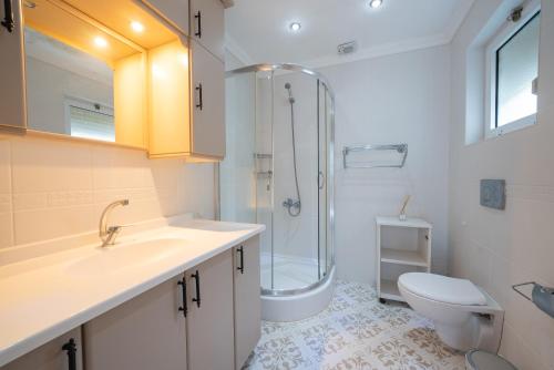a bathroom with a shower and a sink and a toilet at Villa Shato Turgut Daily Weekly Rentals in Turgut