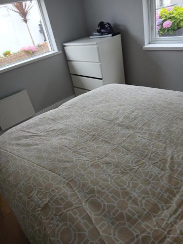 a bedroom with a bed and a dresser and two windows at D17 Accommodation - Dublin Airport in Dublin