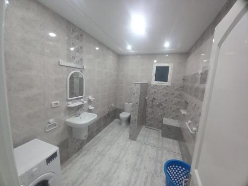 a bathroom with a sink toilet and a shower at Villa Selma in Bin Rhilouf