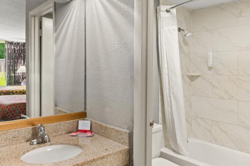 a bathroom with a sink and a shower at Econolodge in Andalusia