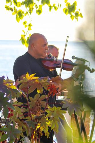 a man playing a violin next to a viola at EVLOGIA HOTEL SEAFRONT and ANEX by Greek Pride in Fourka