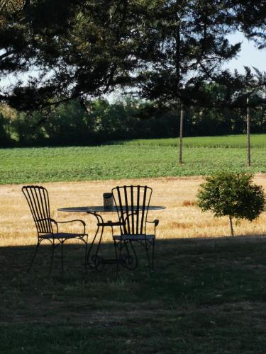 a picnic table and two chairs in a park at Maison la tour in Néré