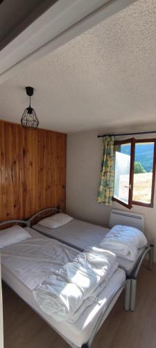 une chambre avec deux lits et une fenêtre dans l'établissement Appartement au pied des pistes, à Albiez-Montrond