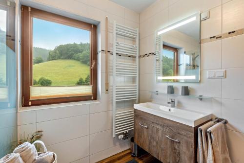 a bathroom with a sink and a window at Hof Helmenhube 2 in Gammelsbach