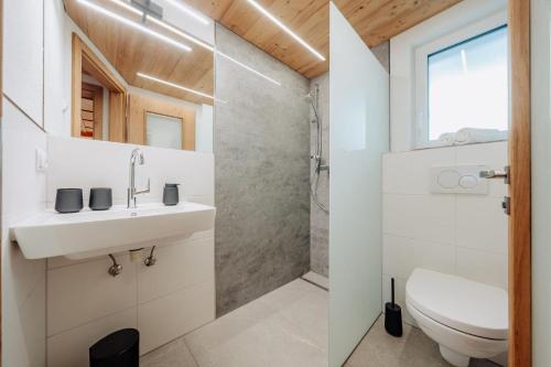 a bathroom with a sink and a shower at Zudrellhus in Silbertal