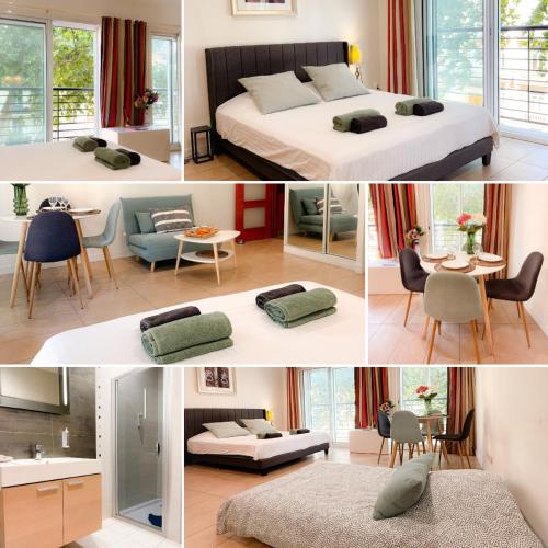 un collage de quatre photos d'une chambre dans l'établissement Le Carnot By ApiRent #Centre-ville #Climatisation #Wifi, à Cannes