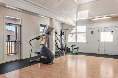 a gym with treadmills and ellipticals in a room at A Joyful Sound in Manteo