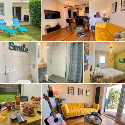 un collage de photos d'un salon et d'un salon dans l'établissement La Pause de Mérimée - Jardin - Parking, à Vannes