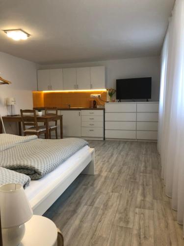 a bedroom with a bed and a kitchen with a television at Pozlovice - Apartmán Sisi in Luhačovice