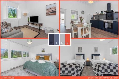 a collage of four pictures of a bedroom and a living room at Appin House -Cosy 2 bed house in Dunfermline in Dunfermline