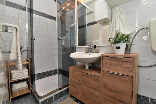 a bathroom with a sink and a shower at House Velebit by the sea in Stinica