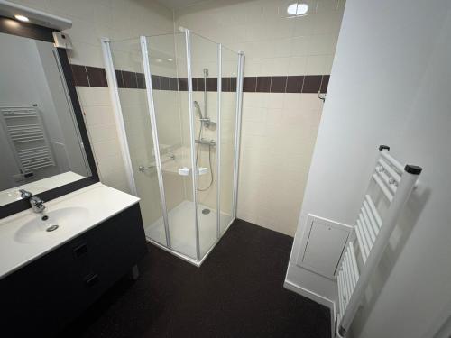 ein Badezimmer mit Glasdusche und Waschbecken in der Unterkunft Terrasse & Confort à Rouen - 396 in Rouen