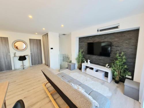 a living room with a couch and a tv at Appartement proche mer, climatisé, netflix in Argelès-sur-Mer