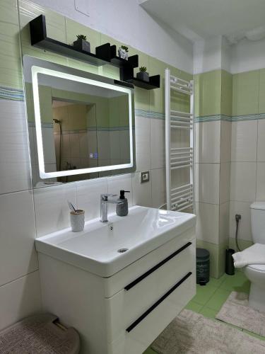 a bathroom with a white sink and a mirror at Albanian Oasis in Gjirokastër
