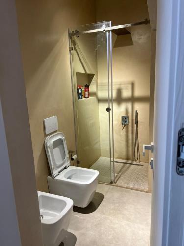 a bathroom with a toilet and a shower at Privat Pool Garden Villa in Gjilek