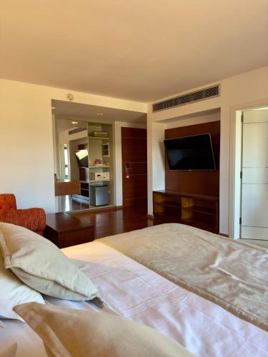 a bedroom with a large bed and a flat screen tv at Neper Hotel in Cordoba