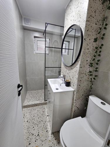 a bathroom with a toilet and a sink and a mirror at Zet Urban in Brăila