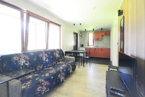 a living room with a couch and a kitchen at Chatka in Stegienka