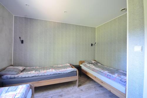 two beds in a room with green walls at Chatka in Stegienka