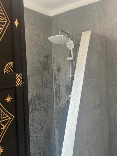a shower in a bathroom with a shower curtain at Ecolodge Dar bouhouta in Tahannout