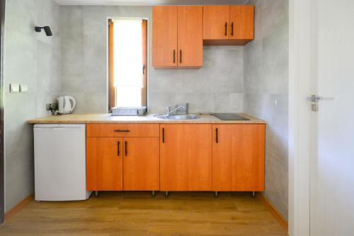 a kitchen with wooden cabinets and a sink at Chatka in Stegienka