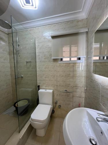 a bathroom with a toilet and a shower and a sink at Annabel House in Abuja