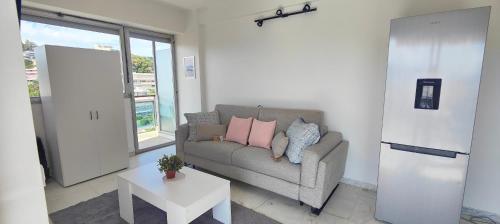 un salon avec un canapé et une table dans l'établissement Cannes Studio Vue mer Panoramique Château de la Mer, à Cannes