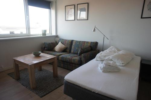 a living room with a couch and a table at Tordenskjoldsgade 1 3 sal balkon 2 id 174 in Esbjerg