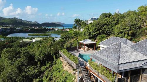 an aerial view of a house with a swimming pool at St Jean Hilltop Three-Bedroom Villa with Pool in Gustavia