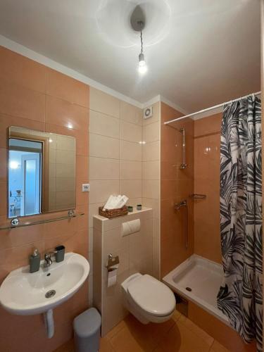 a bathroom with a sink and a toilet and a shower at Apartment Sara in Solin