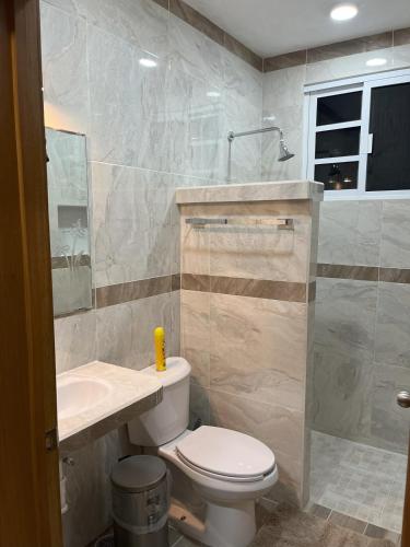 a bathroom with a toilet and a sink and a shower at Depa Caribe III in Bacalar
