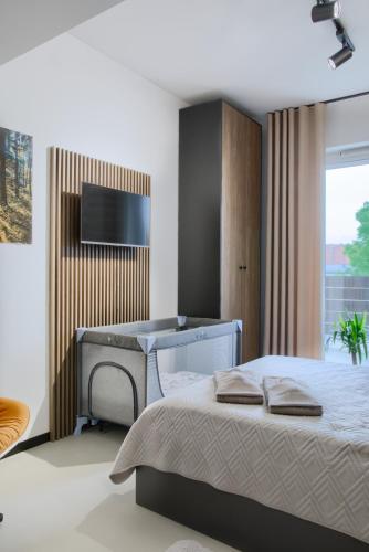 a bedroom with a bed and a desk at Premium Apartment Eleven in Zator