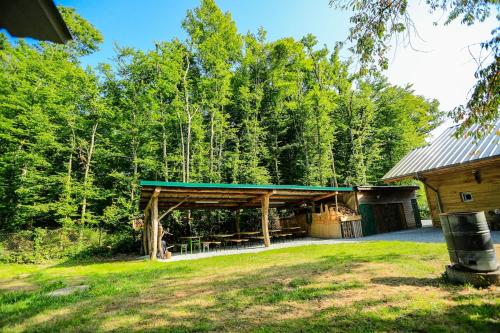 a pavilion with a green roof next to a forest at Le Chalet de la Forêt, ideal for your reunions in Guewenheim
