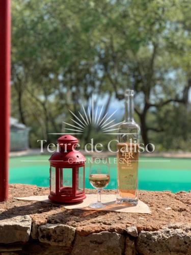 une bouteille d'alcool et un verre de vin dans l'établissement Terre de Caliso, à Carnoules