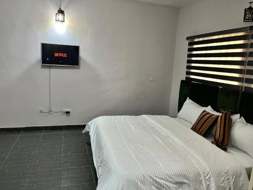 a bedroom with a bed and a tv on the wall at Stj Luxury Hotels in Ilorin