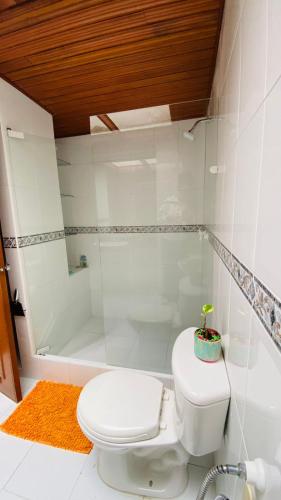 a white bathroom with a toilet and a shower at Hostal Casalé Usaquén Embajada de Mexico in Bogotá