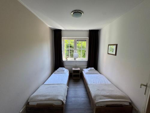 three beds in a room with a window at Herenstraat 55 in Den Hoorn