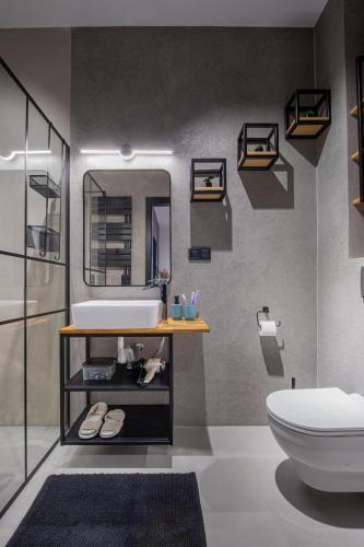 a bathroom with a sink and a toilet at Premium Apartment Eleven in Zator