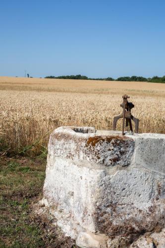 a metal object sitting on top of a wall next to a field at La Grange du Hameau in Clion