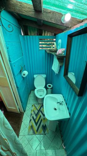 a blue bathroom with a toilet and a sink at Jacoway Inn in Calibishie