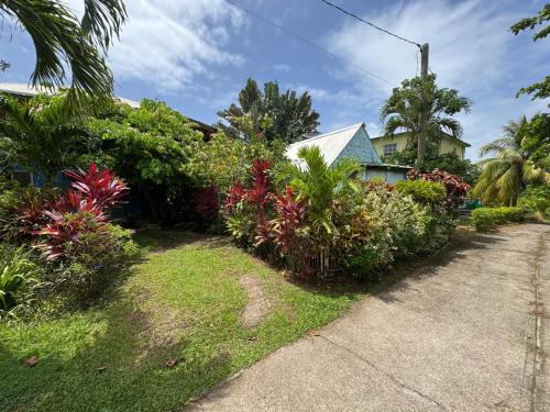 a house with flowering plants on the side of a driveway at Jacoway Inn in Calibishie
