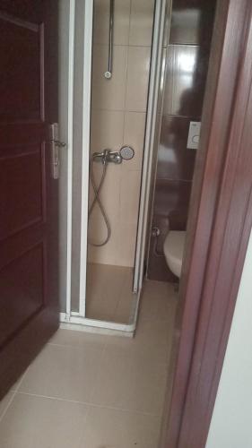 a bathroom with a shower with a toilet in it at Gold Monami Otel in Fethiye