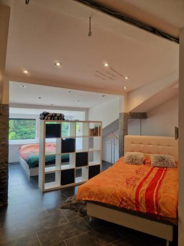a bedroom with a large bed and a book shelf at Laura's house in Slovenj Gradec