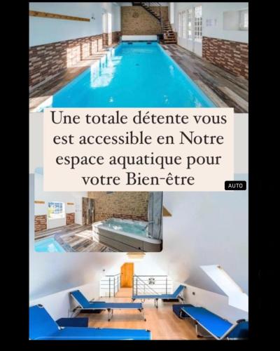 a large swimming pool with blue chairs around it at La Belle Hermine in Tonquédec