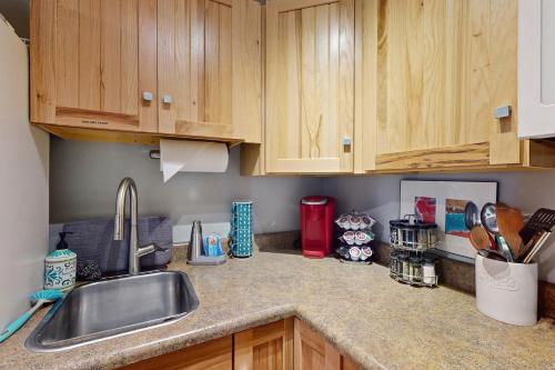 a kitchen counter with a sink and wooden cabinets at Mountain View Apartment in Eagle