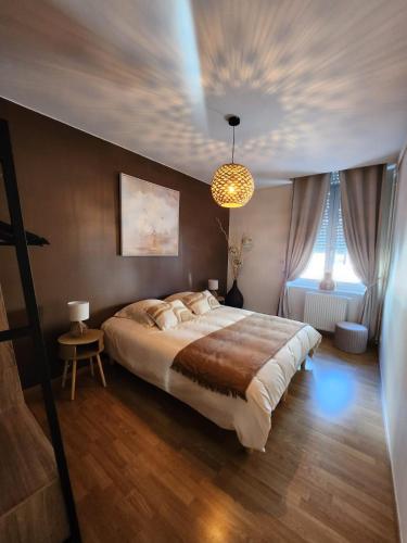 a bedroom with a large bed and a chandelier at Appartement de charme au centre d'Arras in Arras