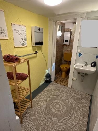 a small bathroom with a sink and a toilet at Historisches Backhäuschen Studio in Watzelhain