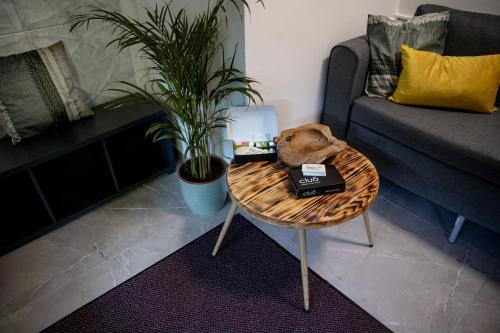 a table with a book on it next to a couch at Studio '98 Apartments broj 31 in Sisak